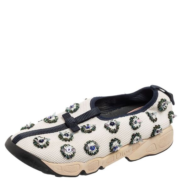 Dior White/Black Sequins Embellished Mesh Fusion Slip-on Sneakers Size 36.5 - Picture 1 of 4